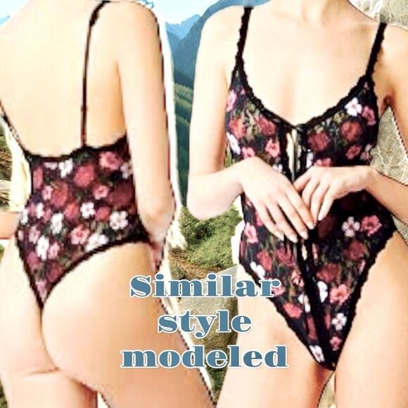 Bodysuit Teddy Black/Multi Color Floral Print Lace With Underwire Size L NWOT - Picture 14 of 14